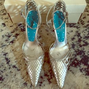Silver snakeskin heels with ankle strap